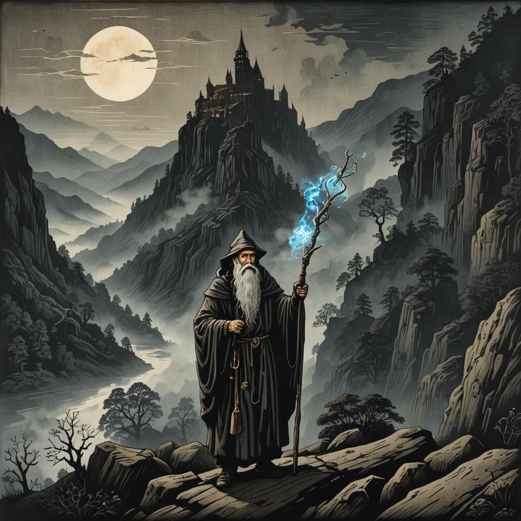 Medieval Wizard and Monk: Dark Academia Woodcut