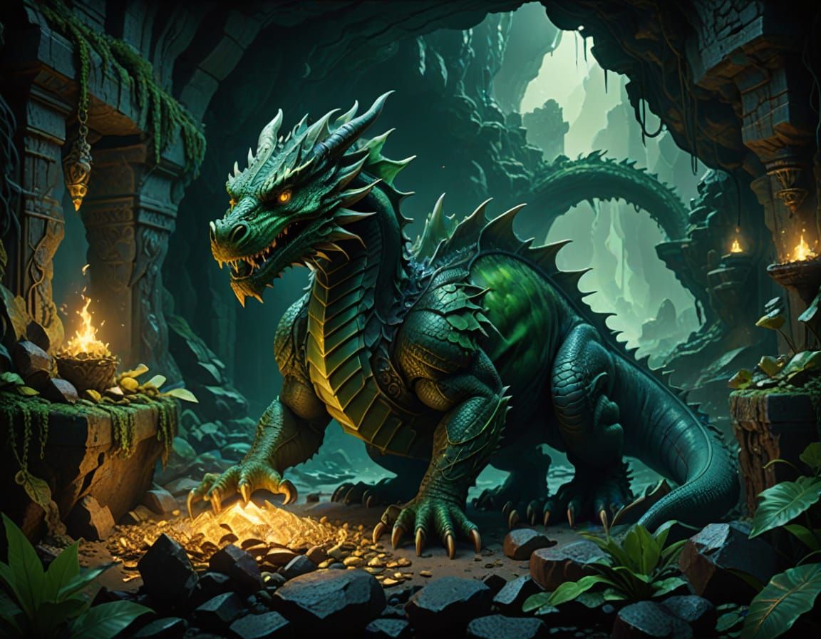 Dragon Guarding Treasure in Eerie Cavern Digital Matte Paint...
