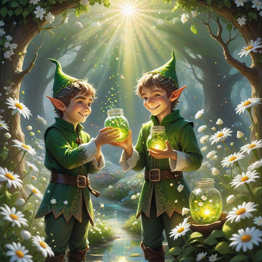 Whimsical Elf Boys Hurl Magical Potions at Flowers