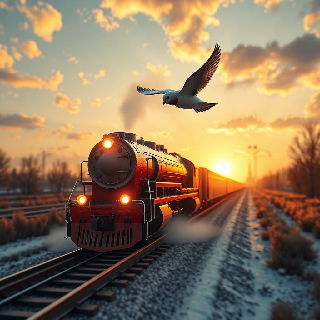 Surreal Swallow Soars Above Russian Train in Sunset