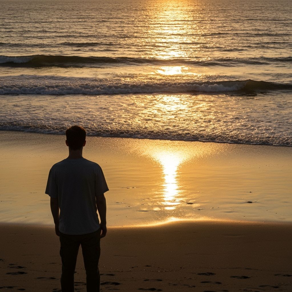 Man on Shoreline at Sunset, Photorealistic Style