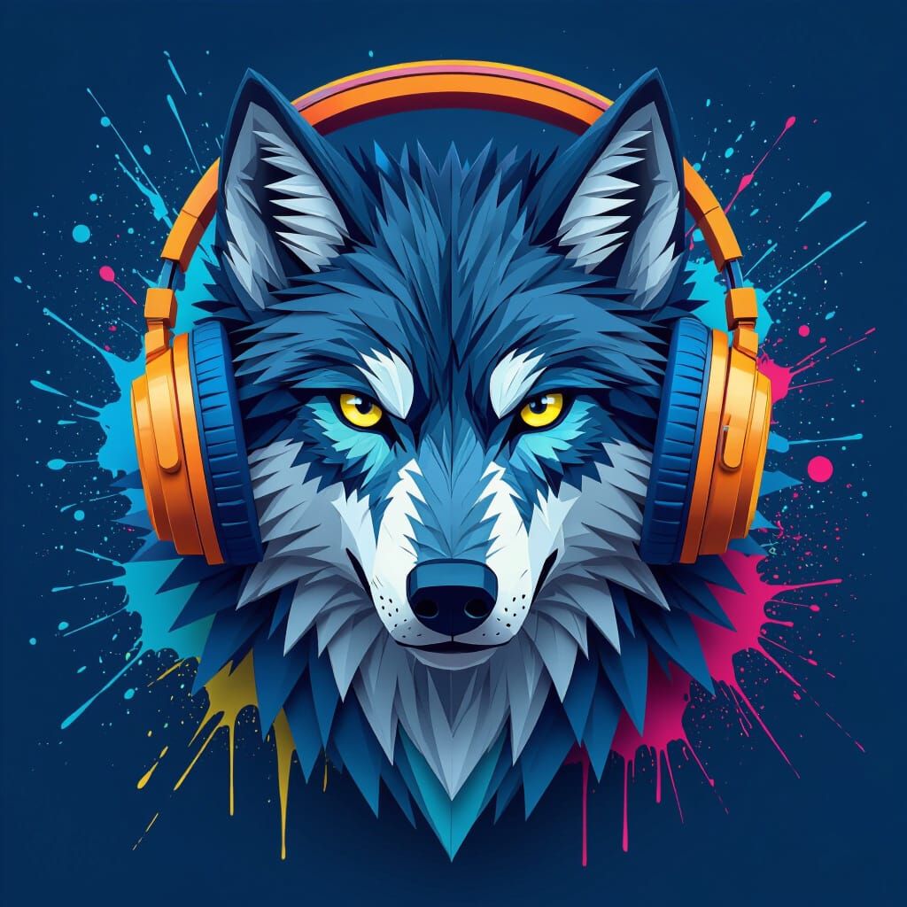 Wolf with Headphones in Urban Cyberpunk Style