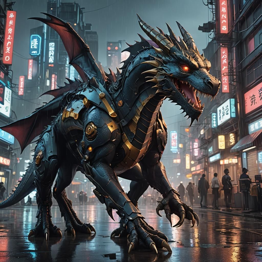 Dragon in Cyberpunk City at Night: Anime Style