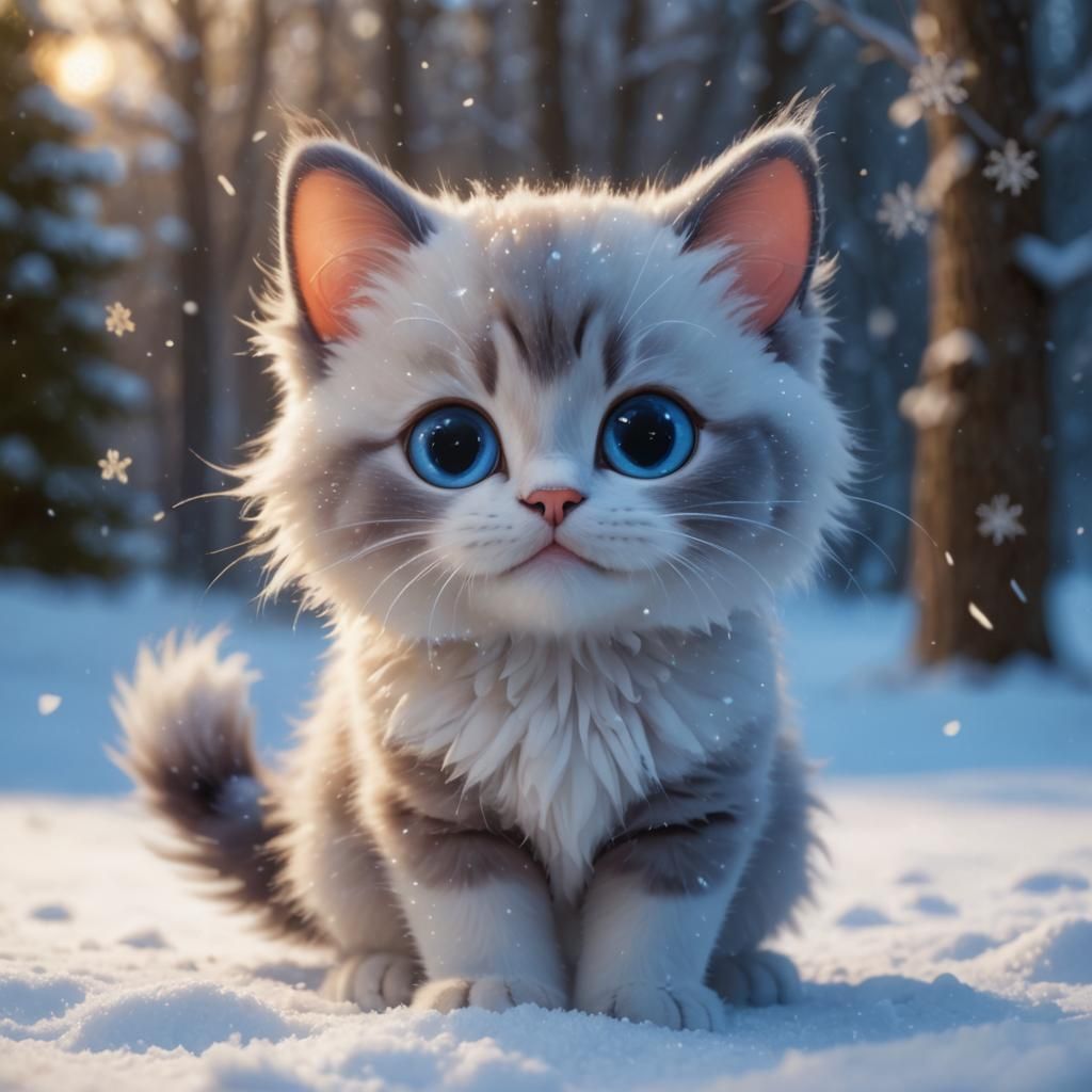 Ragdoll Kitty Playing with Snowflakes: Pixar Style