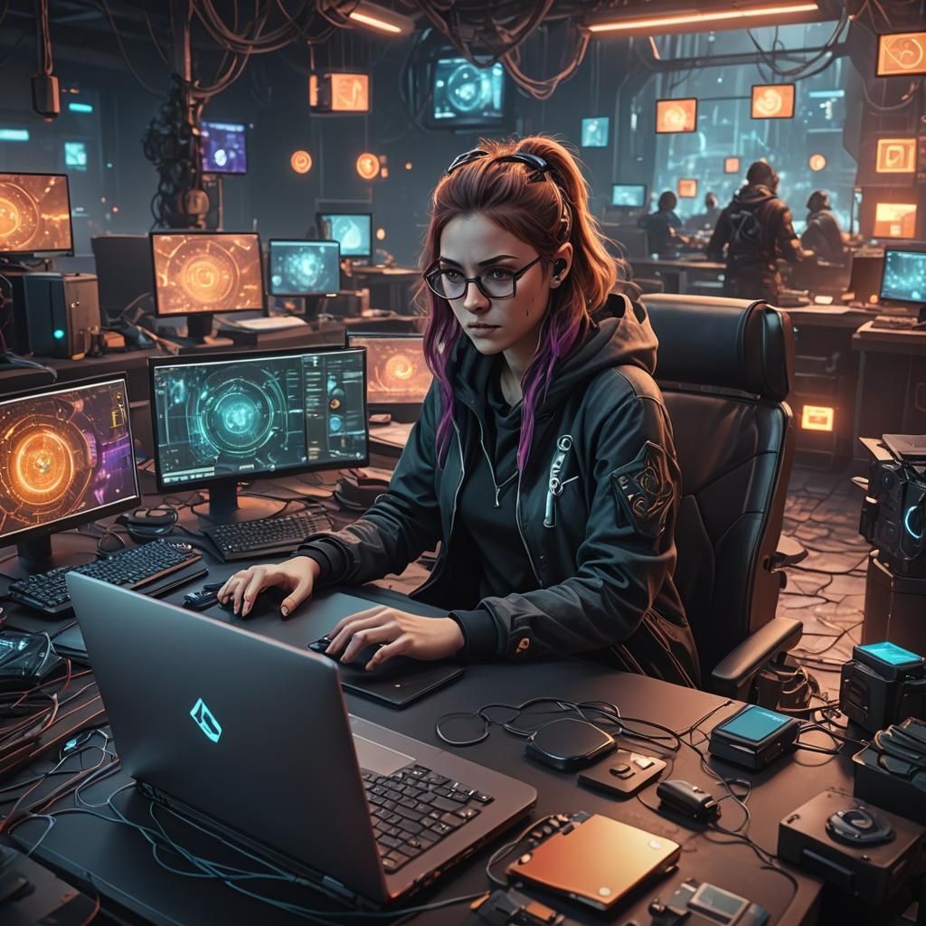 Girl Hacker Surrounded by Computers: Digital Matte Painting