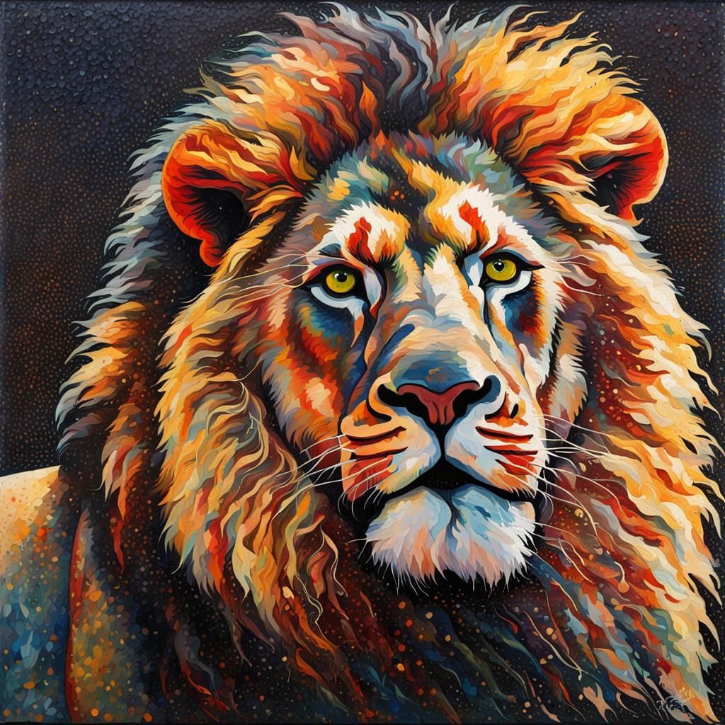 Vivid Crushed Glass Painting of a Lion Portrait