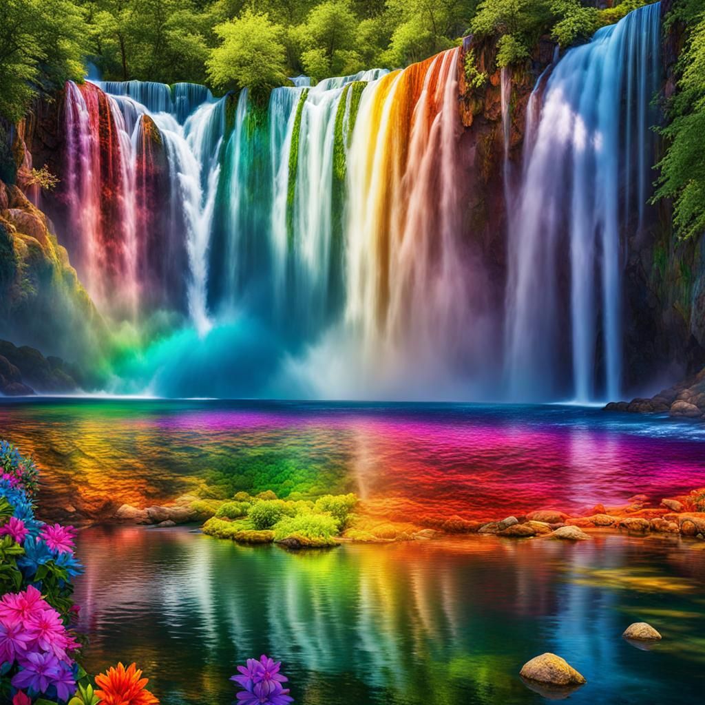 Vivid Rainbow Landscape with Waterfalls in Fantasy Style