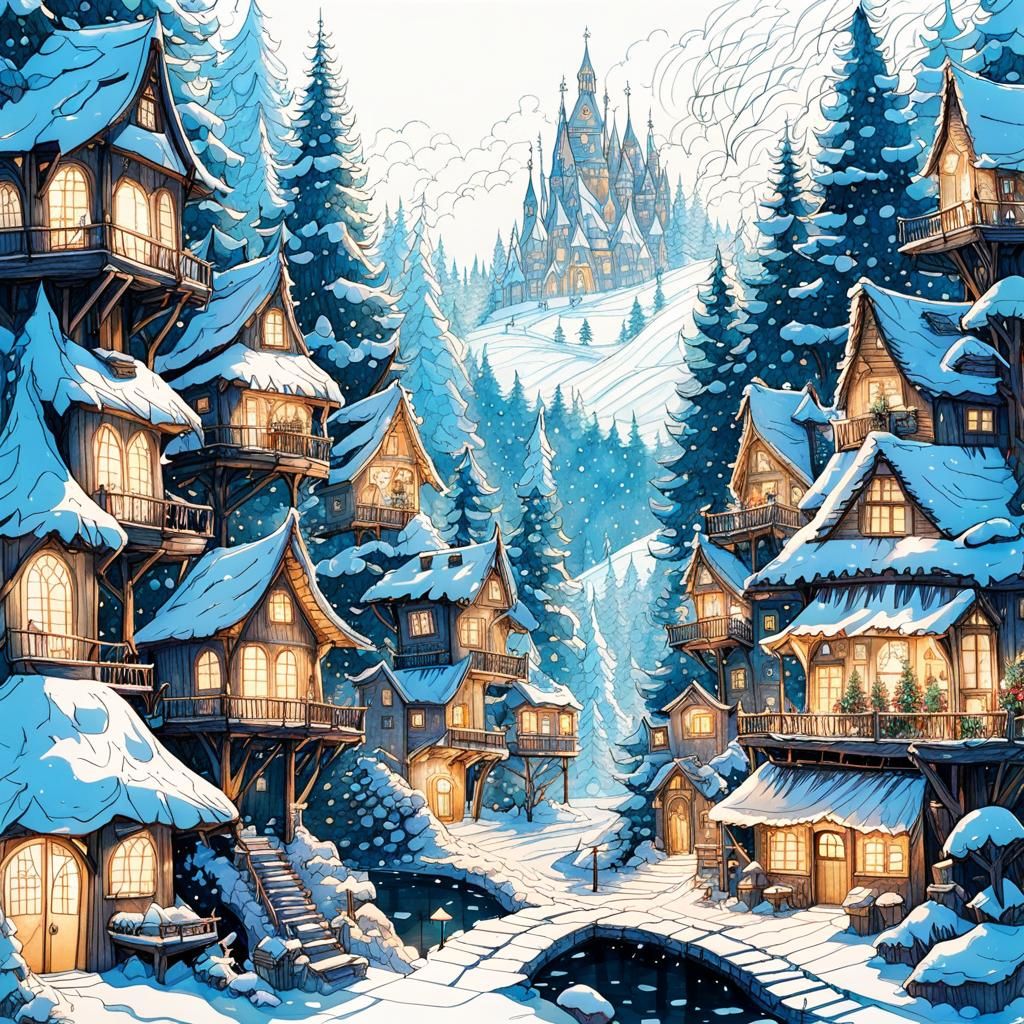 Christmas Fairy Village Hand Drawn Sketch