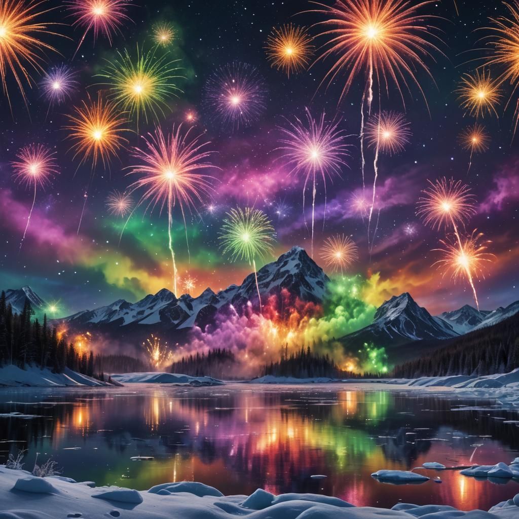 Rainbow Firework Over Frozen Lake in Matte Painting