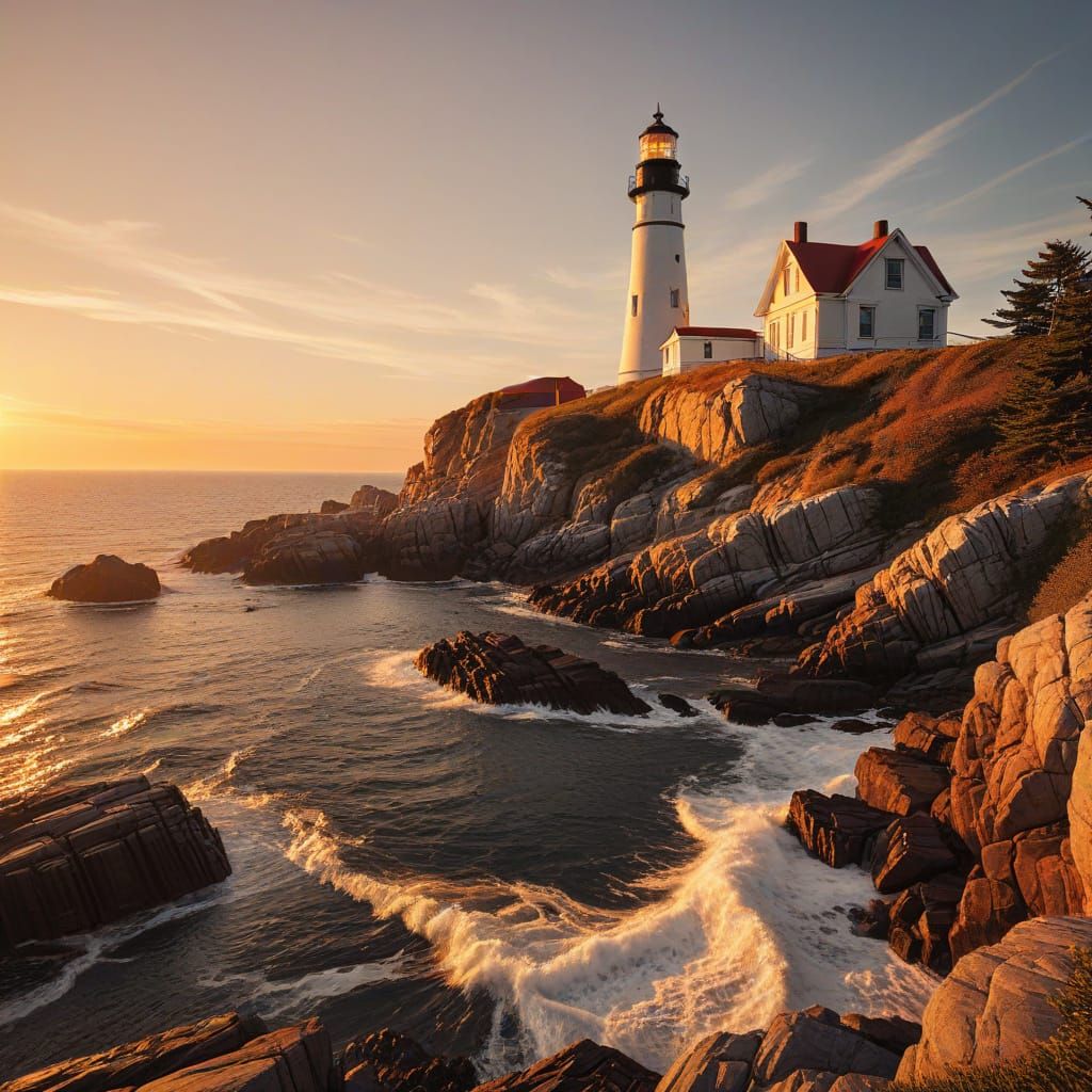 Cape Elizabeth Lighthouse Sunset in Oil Painting Style