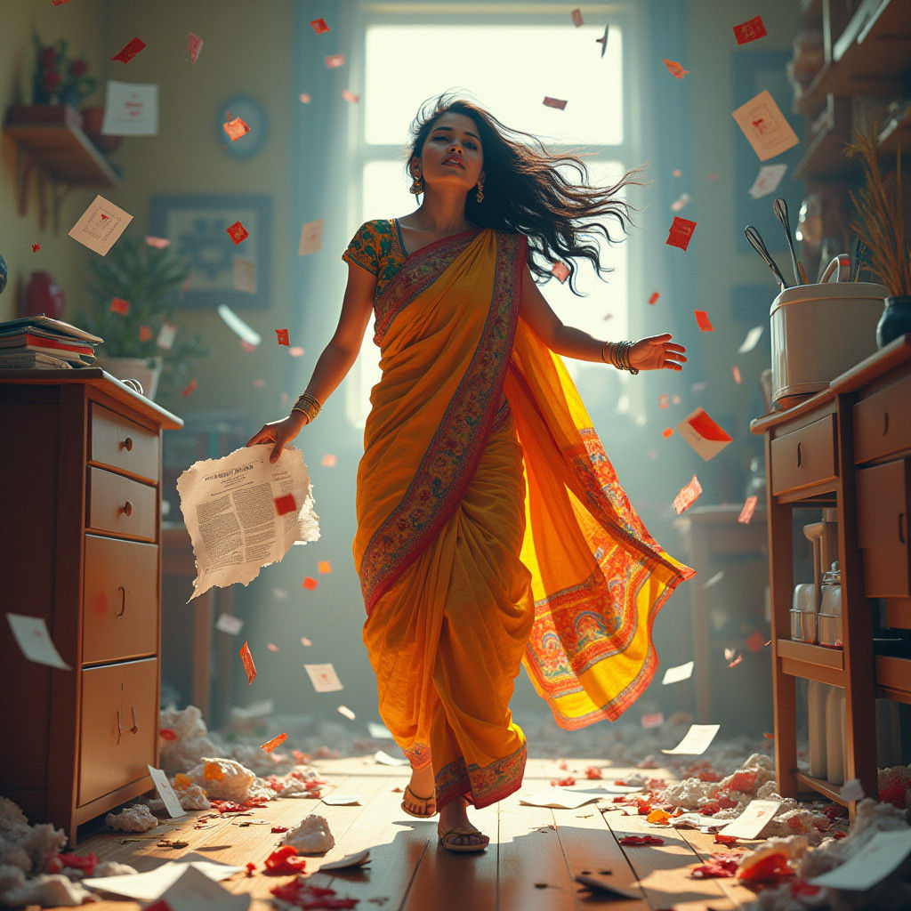 Dynamic Saree Sprint Amidst Domestic Chaos