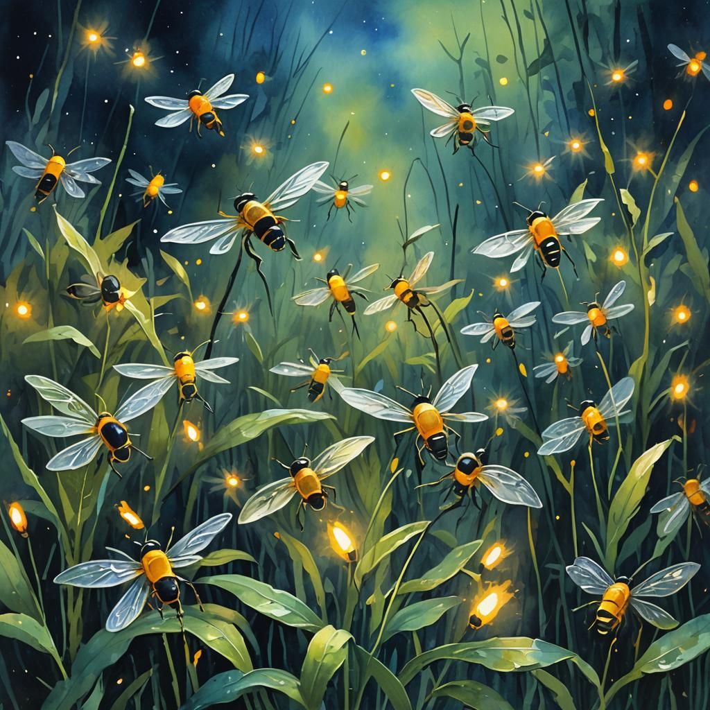 Fireflies in Gouache and Watercolor Style