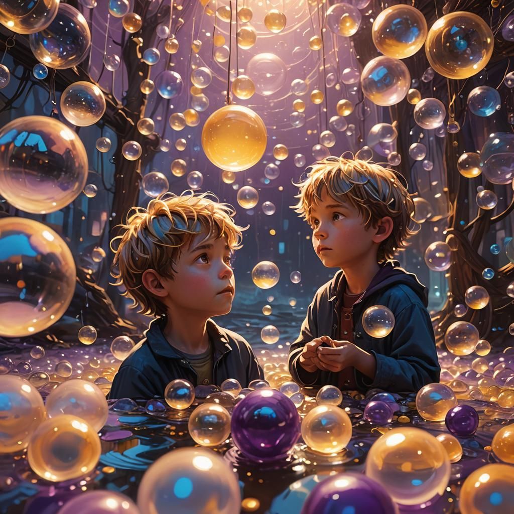 Boy Surrounded by Iridescent Soap Orbs: Fantasy Art