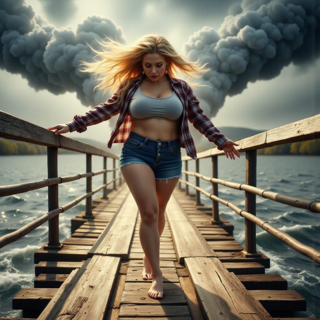 Heroic Woman on Footbridge in Hyper-Realistic Storm
