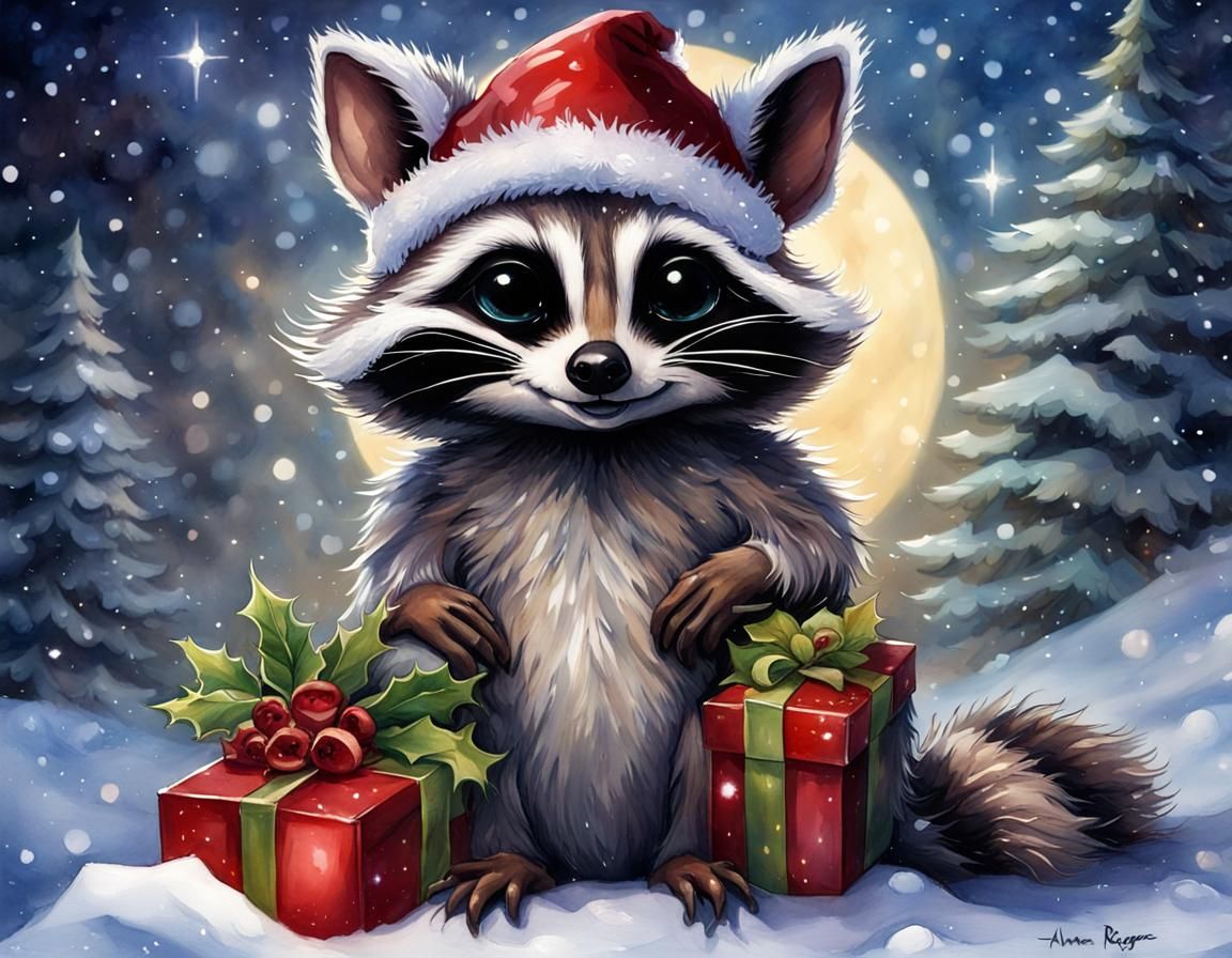 Mythical Creatures and Raccoon in Winter Night