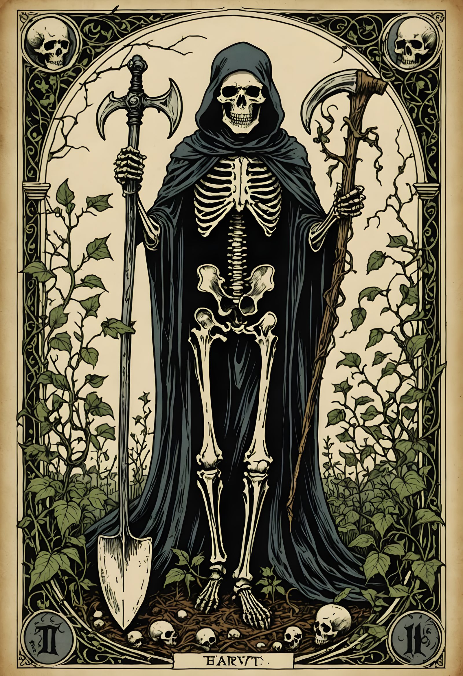 Tarot Card Death with Grim Reaper and Shovel