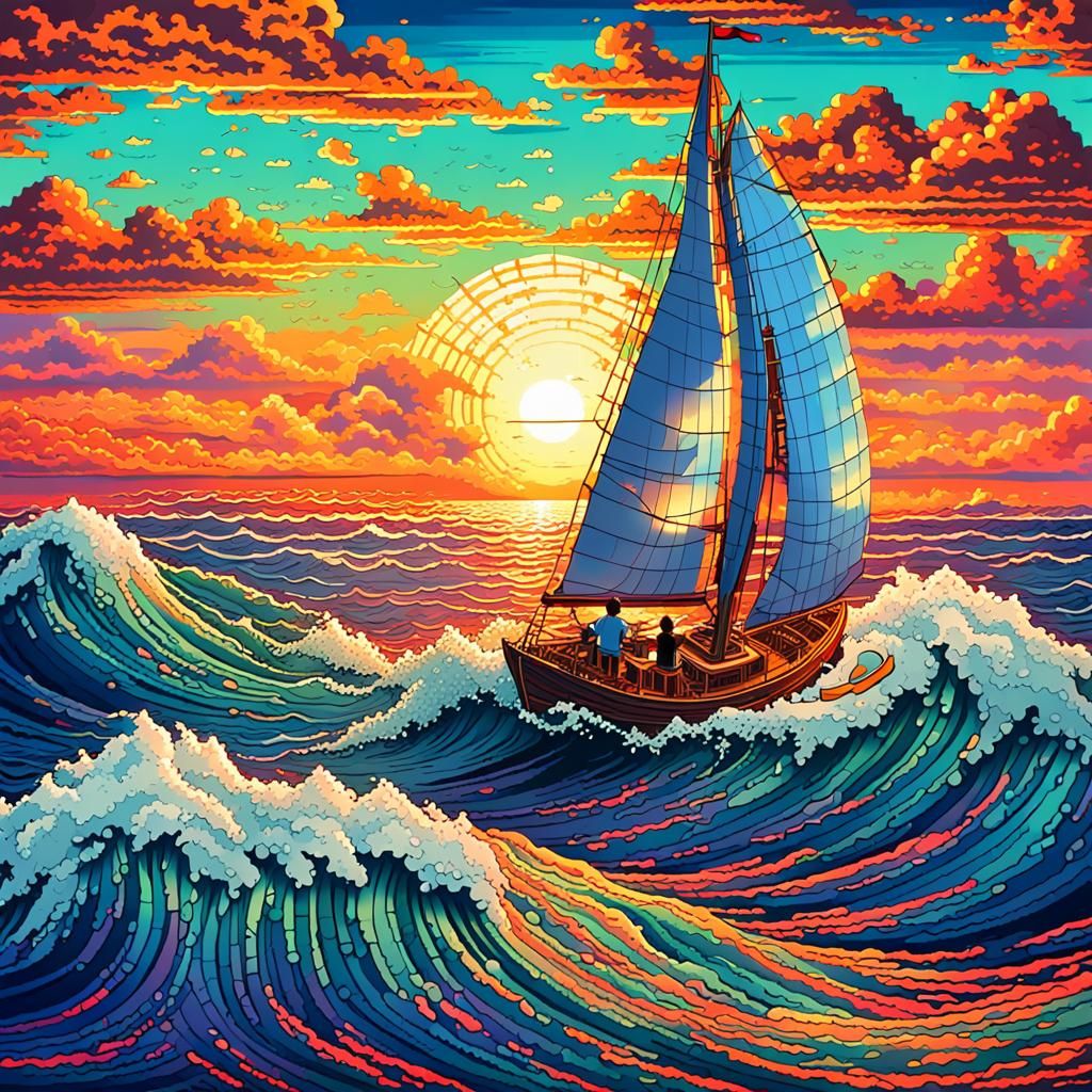 Pixel Art Oceanscape Sunset Inspired by Hiroshige