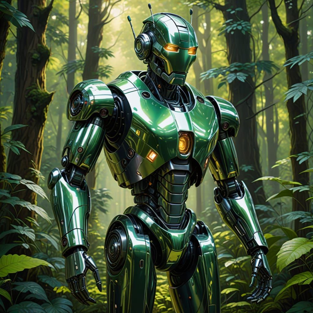 Chrome Robot in Lush Forest: Hyperrealistic Digital Art