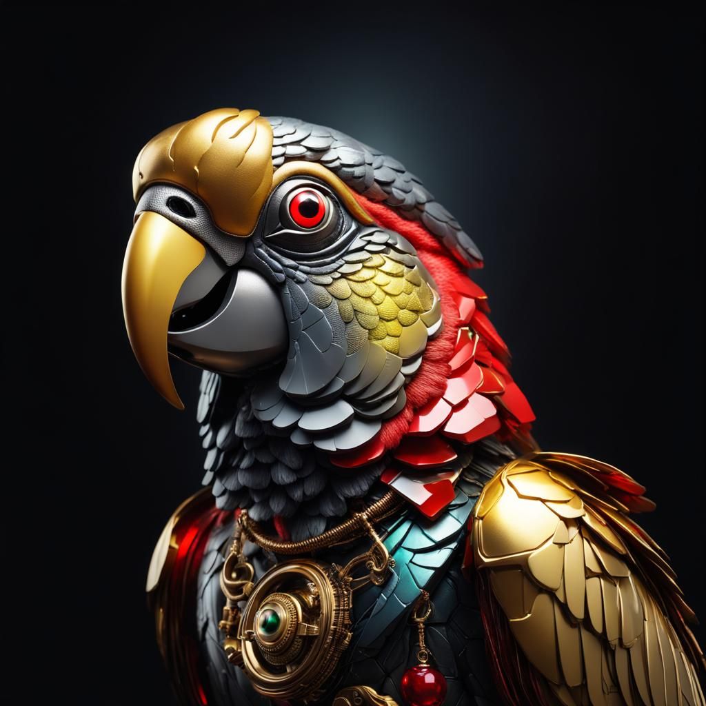 Golden Cyborg Parrot with Red Eyes