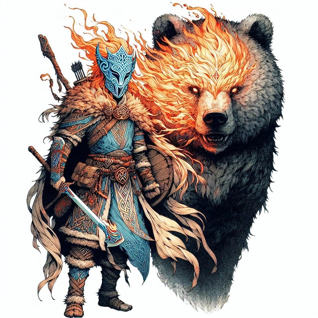 Druid Warrior Surrounded by Anime-Inspired Flames and Celtic...