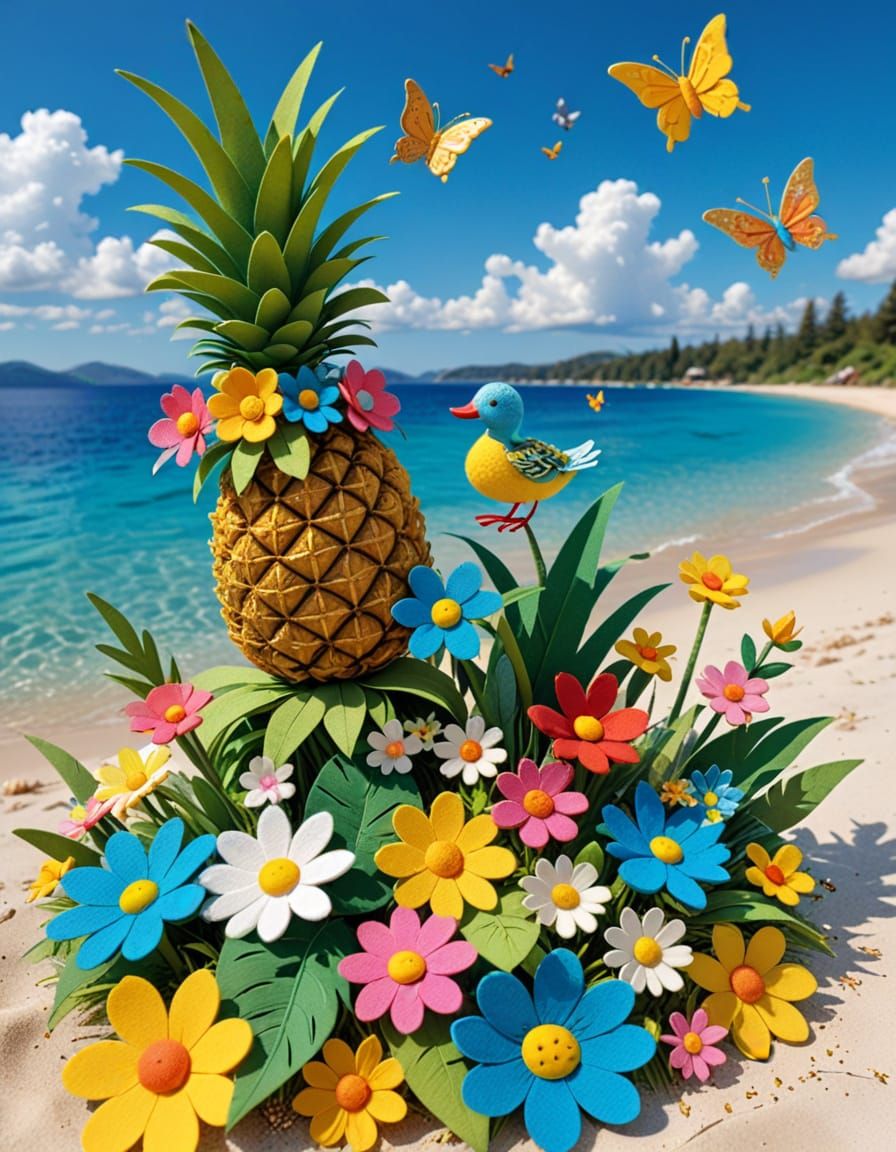 Felt Art Pineapple on a Decorated Beach