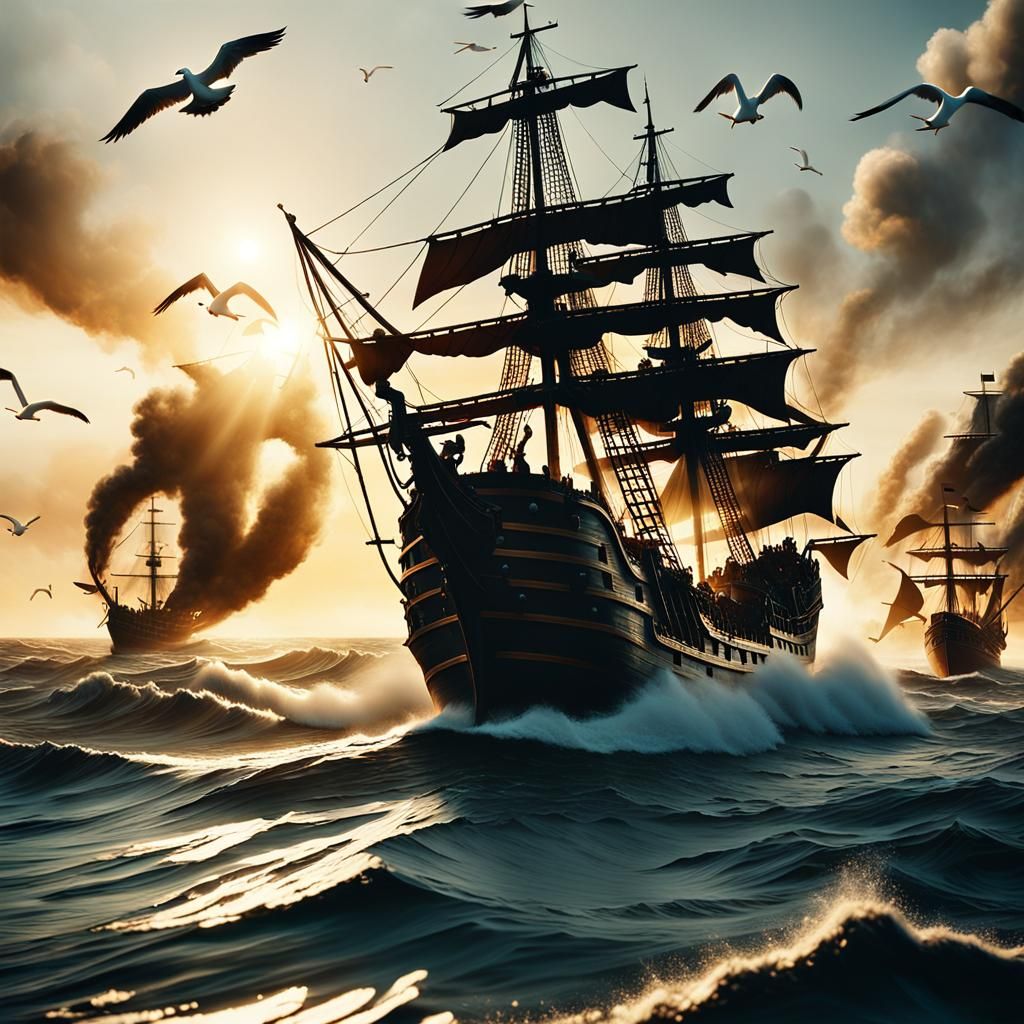Epic Pirate Ship Battle in Golden Hour Light