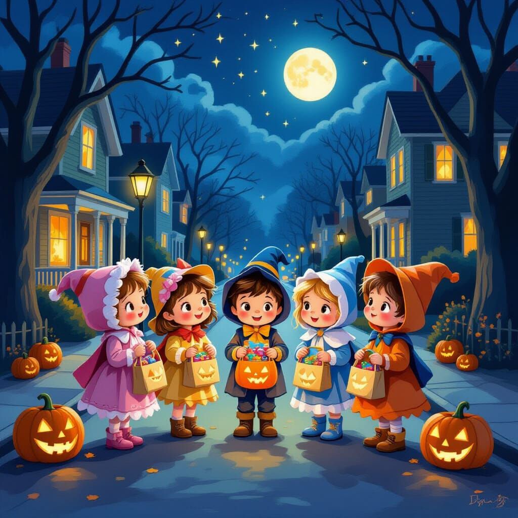 Cute Trick-or-Treaters on Halloween Night