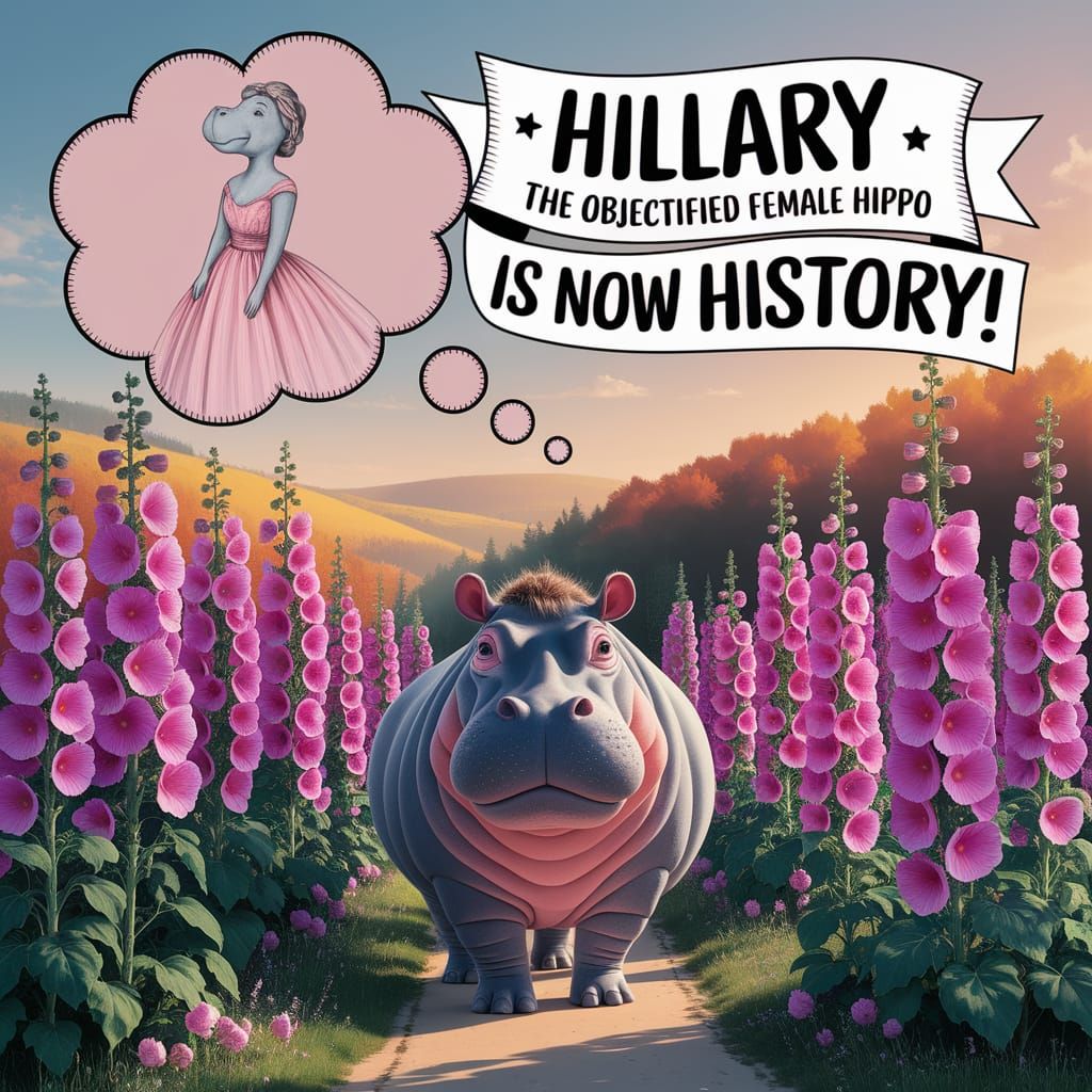 Whimsical Hippo Caricature Among Hollyhocks in Digital Art