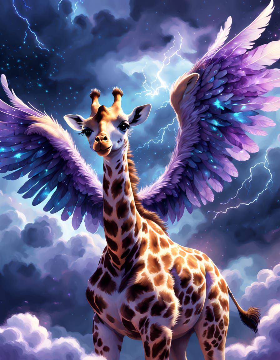 Winged Giraffe Glides Through Stormy Starry Sky