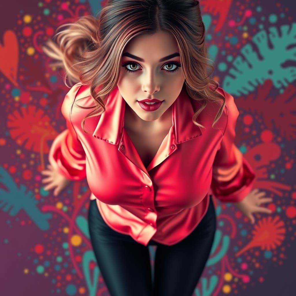 Vibrant Cartoon Lady in Red Satin Blouse