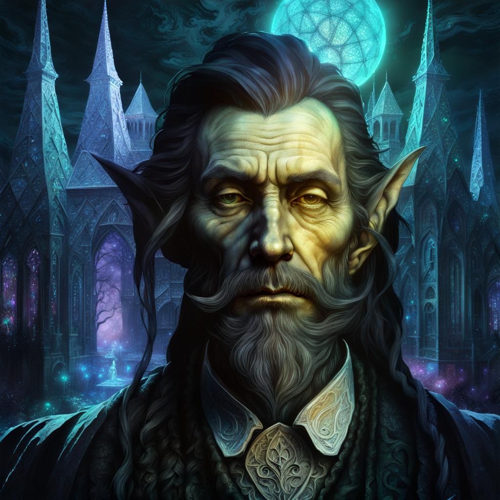 Somber Elf Man in Gothic Holographic Art