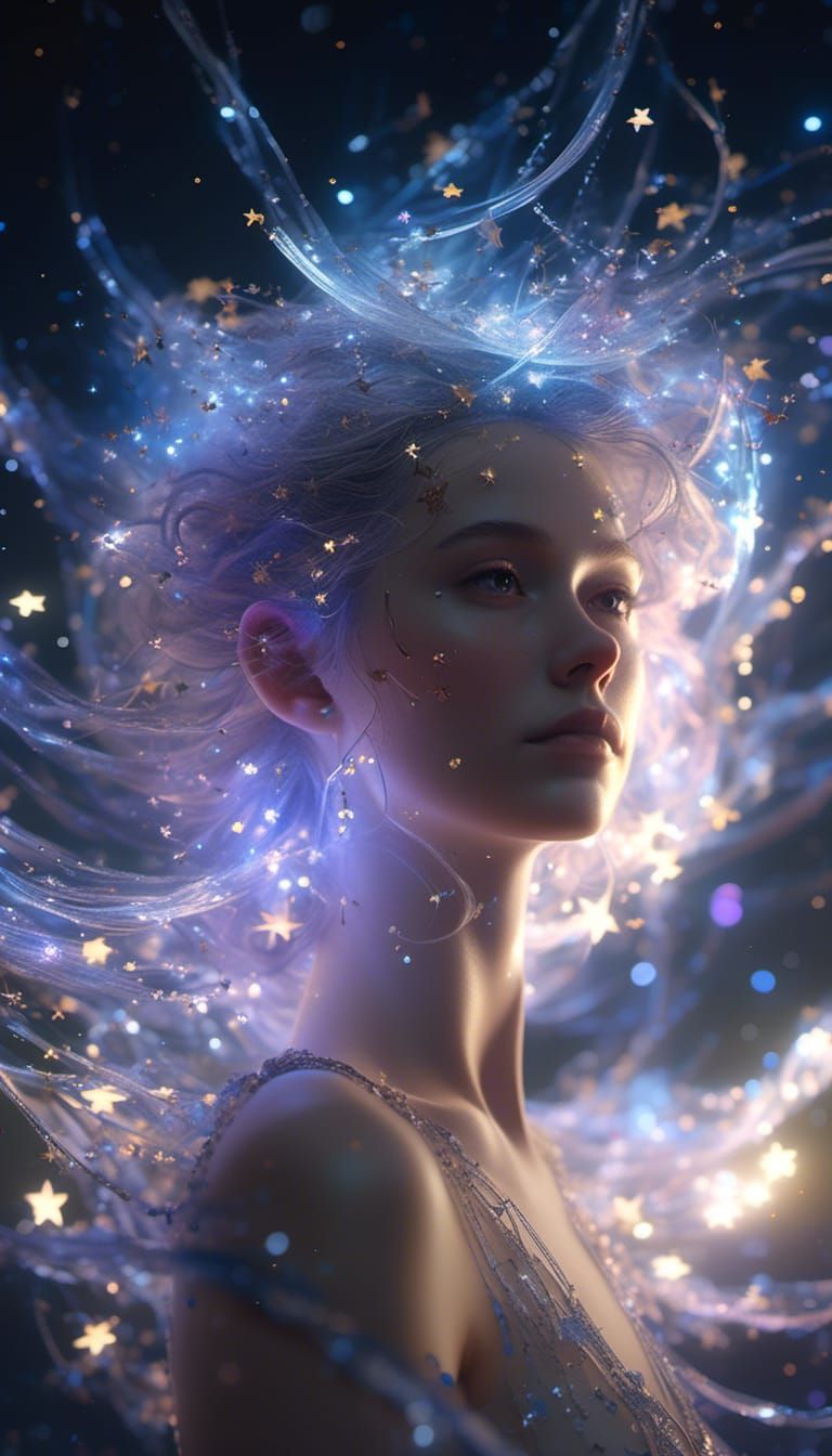 Ethereal Being Surrounded by Sparkling Stars