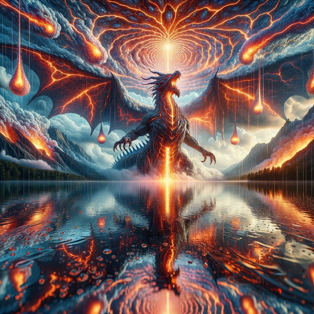 Majestic Magma Giant & Surreal Lake in Hyperrealism