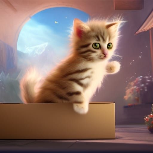 Cute Kitten in a Box: Fantasy Concept Art
