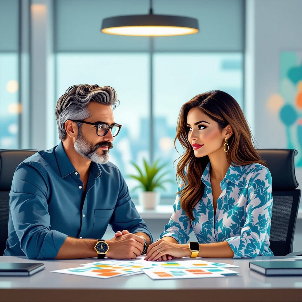 Stylish Man at Desk in Abstract Digital Painting