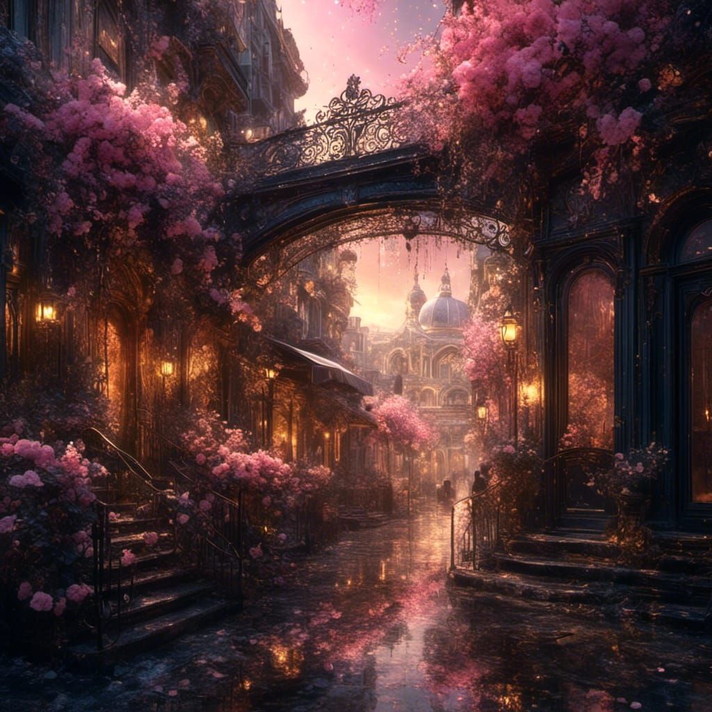 Golden Cityscape with Flowers in Watercolor Style