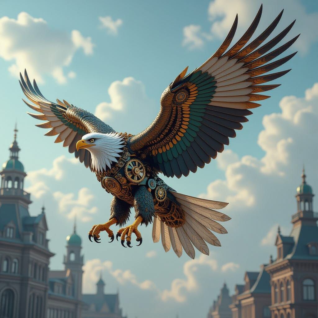 Clockwork Eagle Soaring in Steampunk Sky as Digital Art