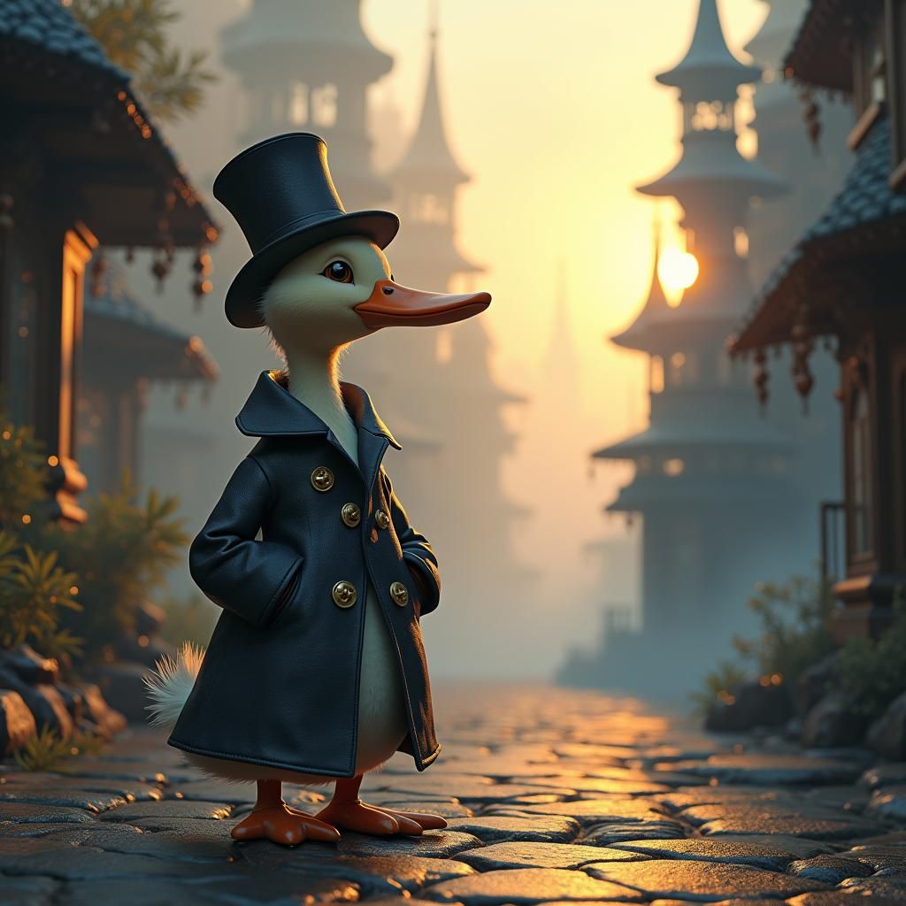 Steampunk Duck in Mystical Cityscape: Matte Painting