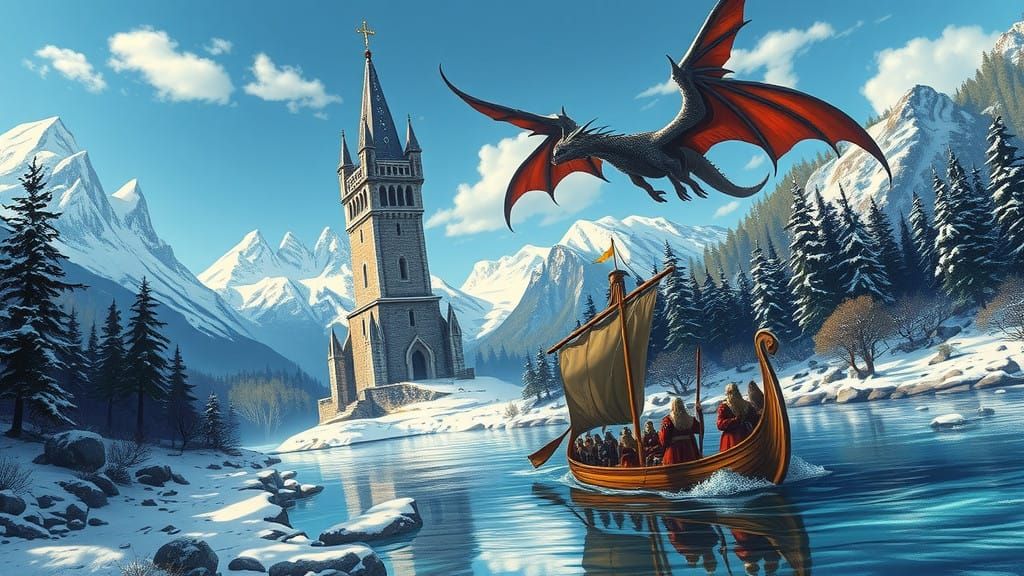 Majestic Mage Tower in Snowy Mountains Landscape