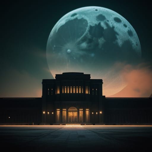 A Colossal Moon Rises Over a Moonlit Plaza in Vibrant Colors