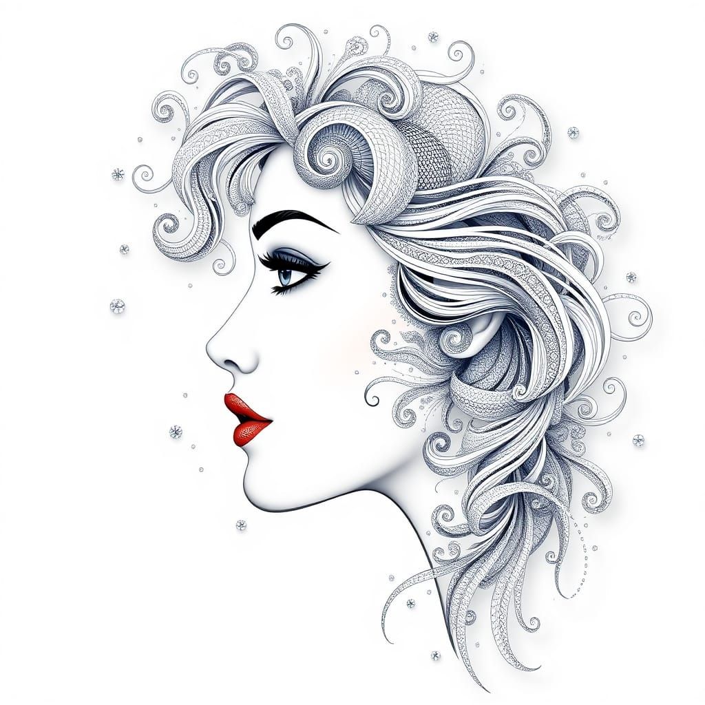 Mystical Woman Portrait with Swirls and Gemstones