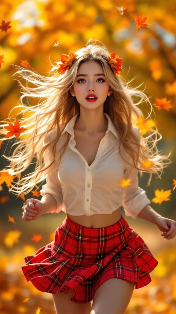 Joyful Asian Woman Leaping in Autumn Landscape