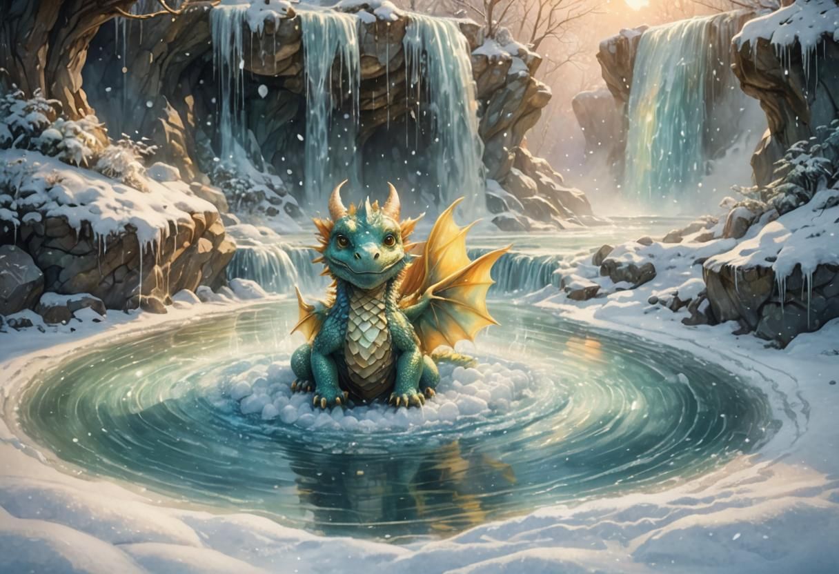 Baby Dragon Bathes in Crystal Waterfall: Watercolor Art