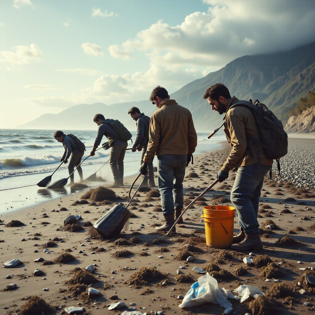 Volunteers Clean Beach: Hyperrealistic Cinematic Still