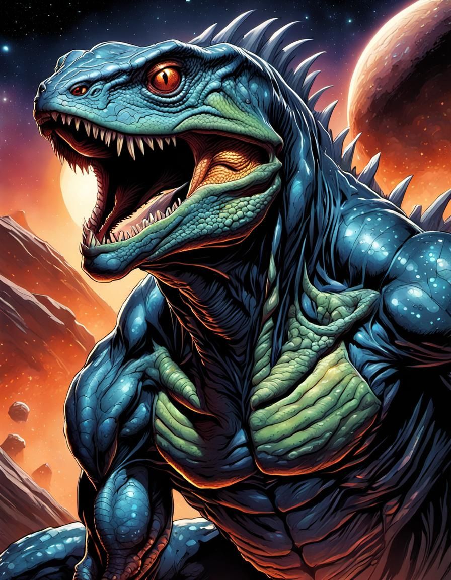 hyper realistic perfect smooth cosmic female alien lizard who is very muscular and terrifying