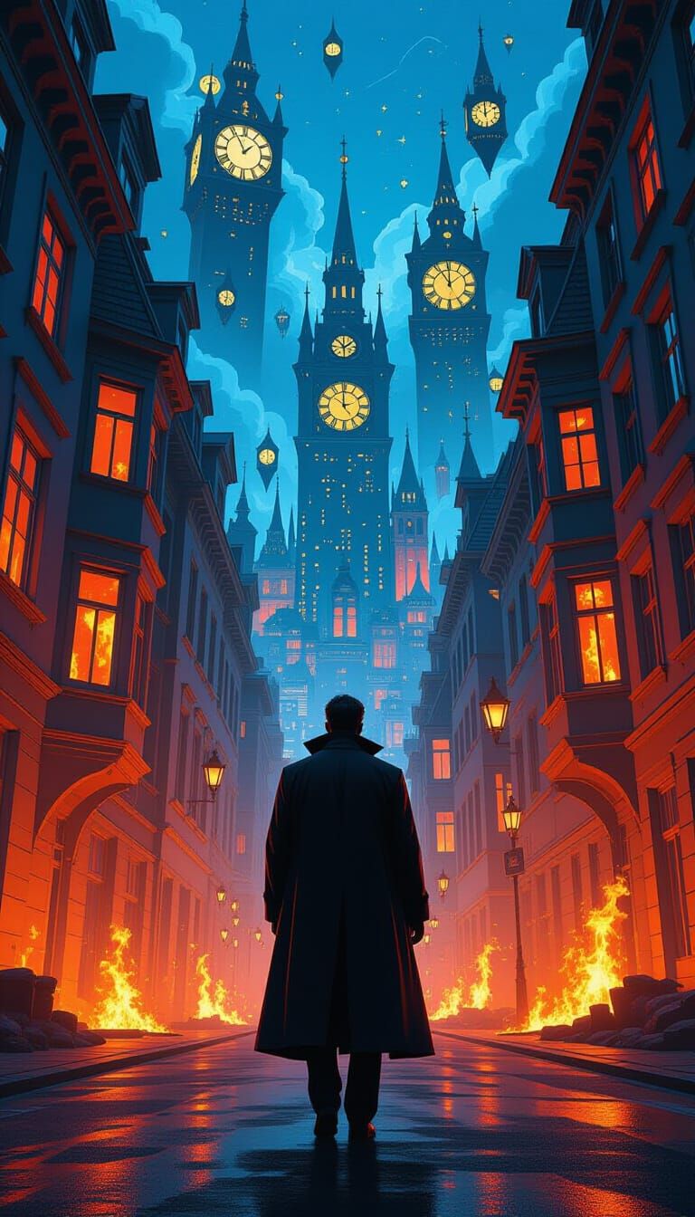 Surreal Cityscape with Lone Figure in Cinematic Style