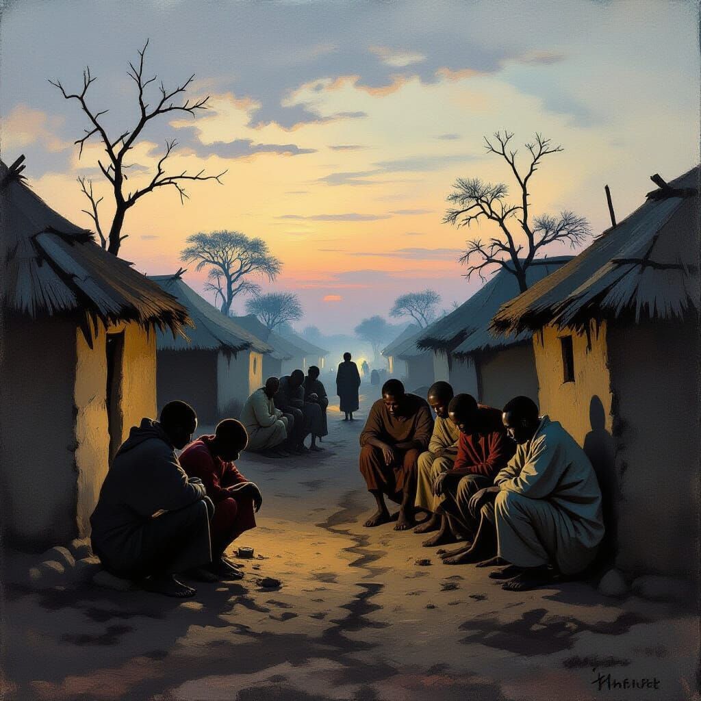 Somber African Village at Dusk with Depressed Villagers