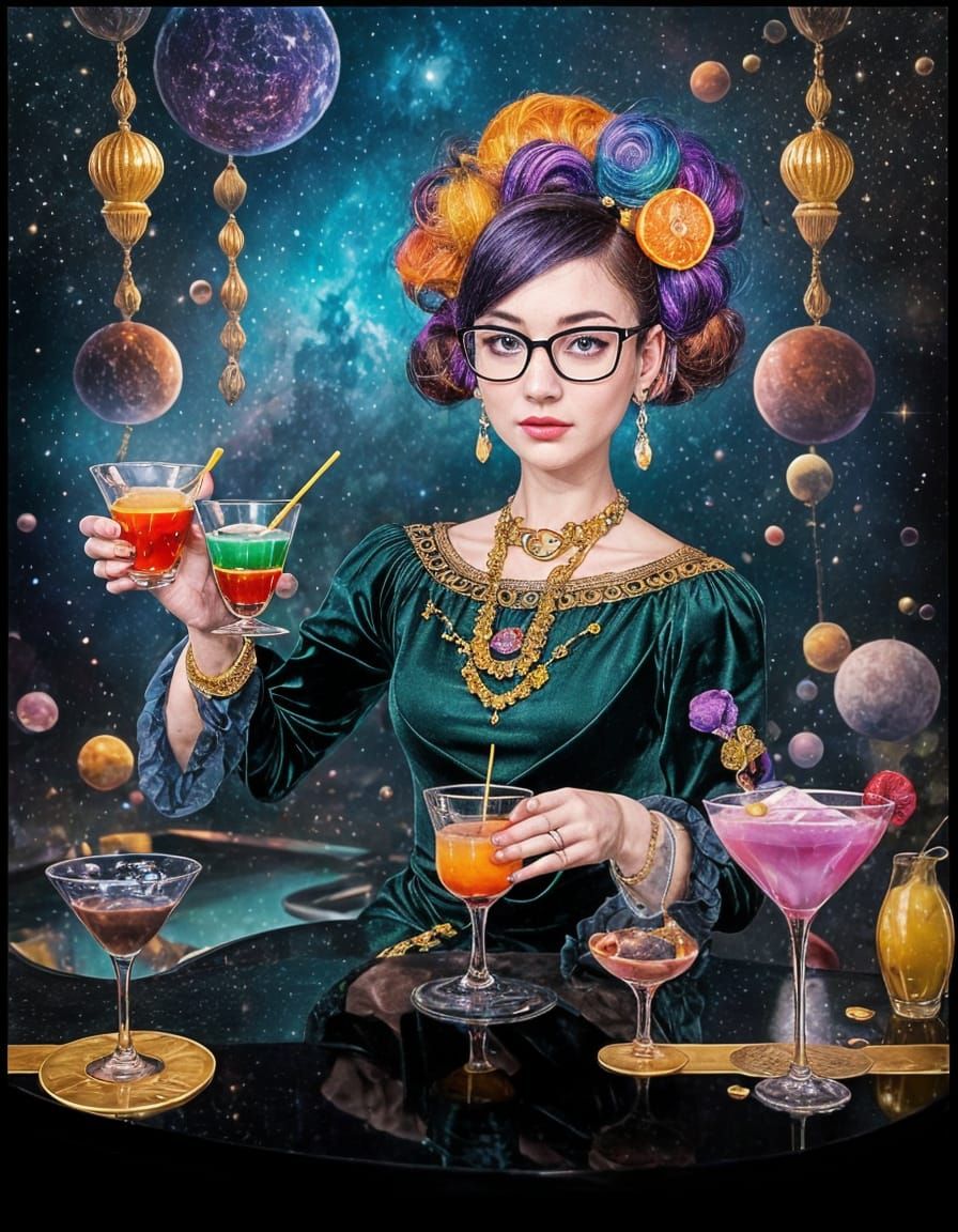 Woman in Velvet Dress with Sci-Fi Nebula View