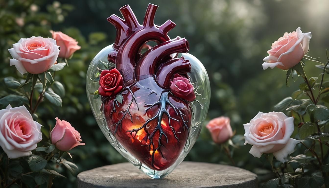 Glass Heart with Sacred Heart and Roses, Surreal Art