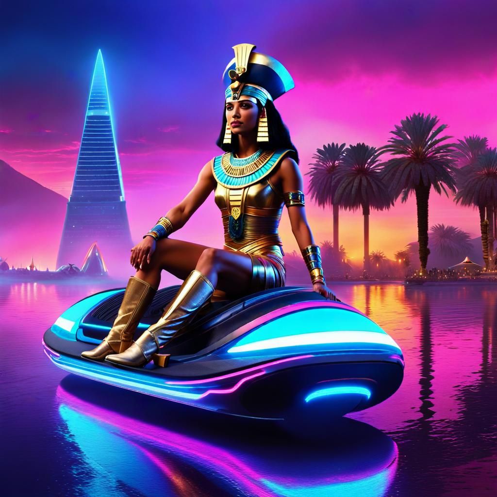 Cleopatra surfing the Nile on a futuristic hoverboard